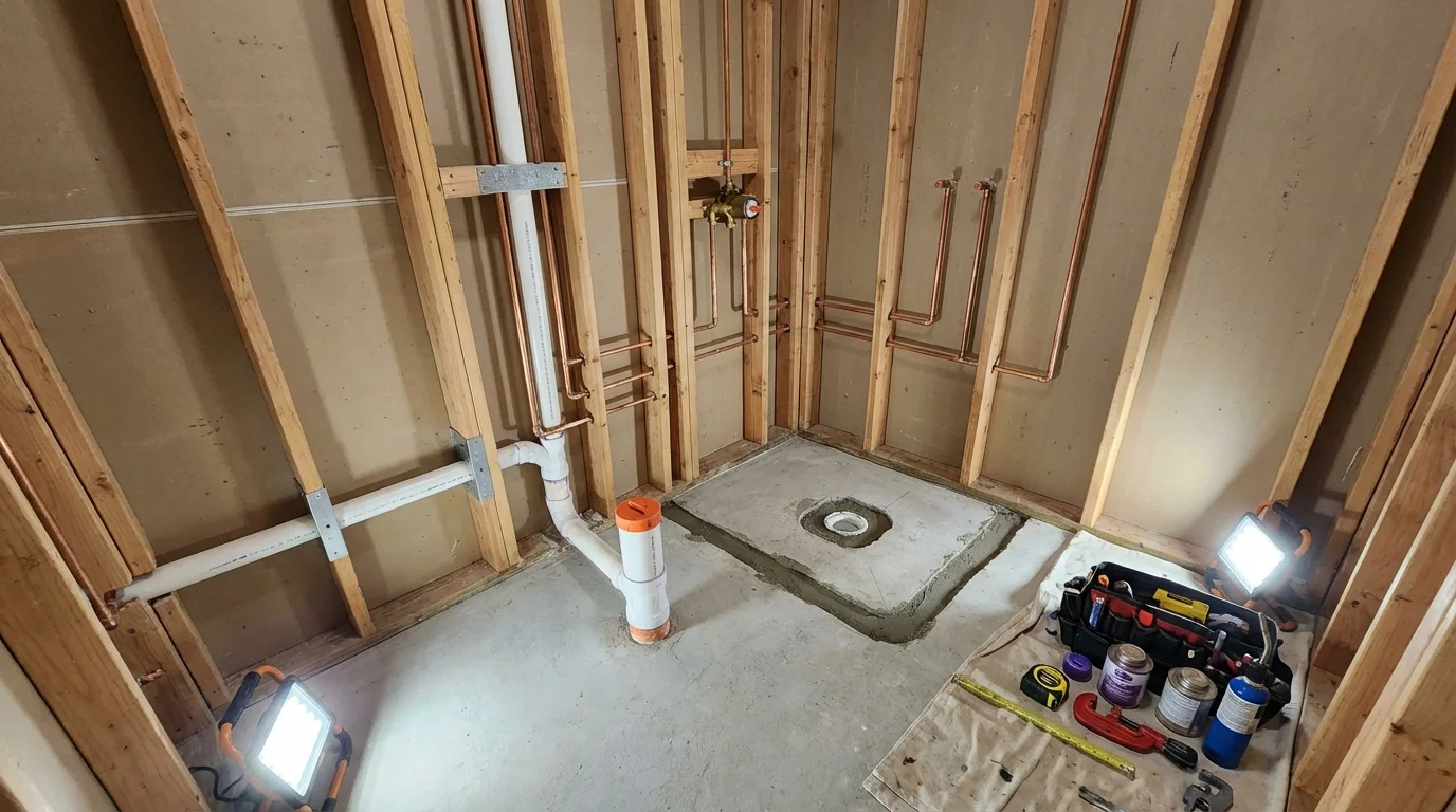 Bathroom rough-in plumbing during remodel by Johns Plumbing LLC in Unadilla