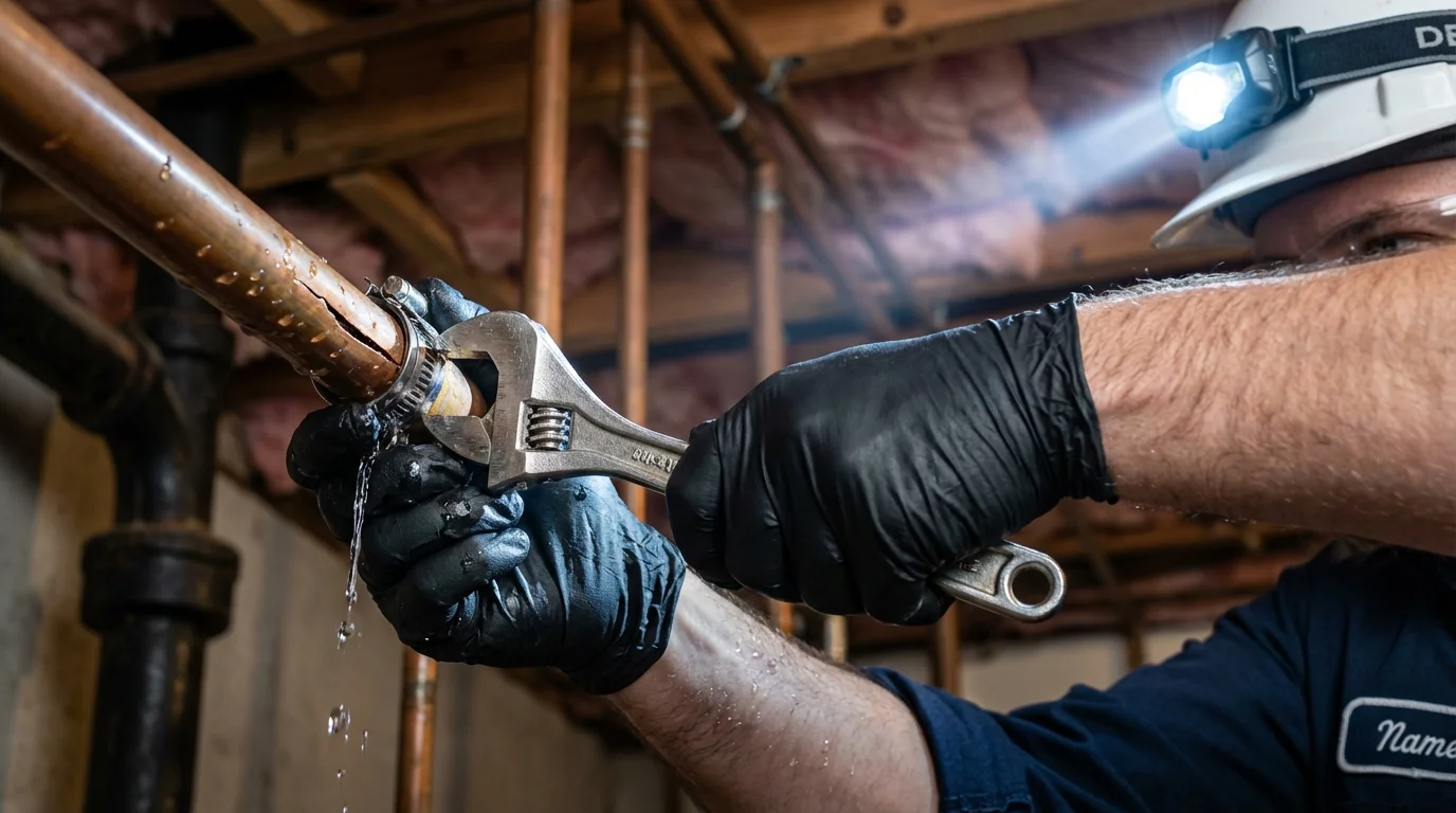 Emergency pipe clamp repair being performed by a Johns Plumbing LLC plumber in Unadilla