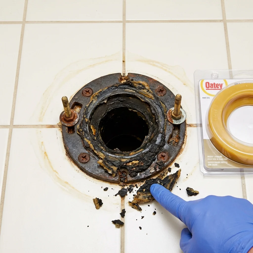 Failed wax ring showing water seepage at the base of a toilet in a Unadilla, GA home