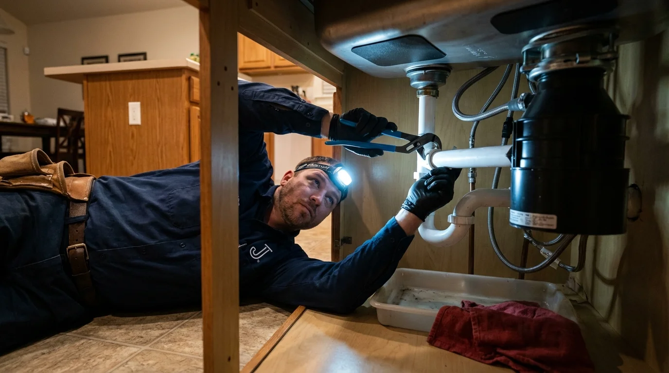 P-trap and supply line connections under a kitchen sink showing a common leak point in Unadilla, GA